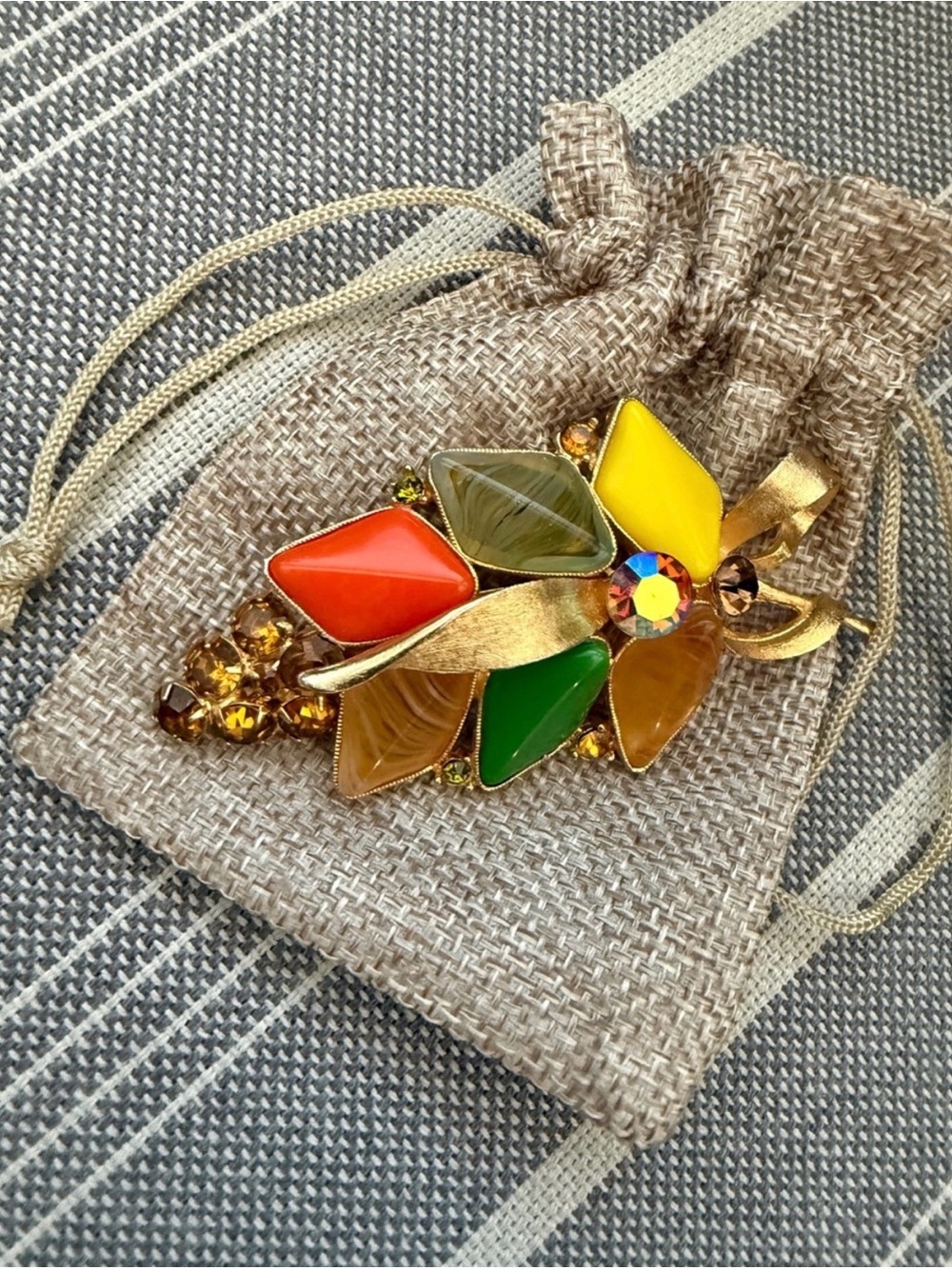 Vintage Gold-Tone Fall Brooch with Orange, Green & Yellow Accents
